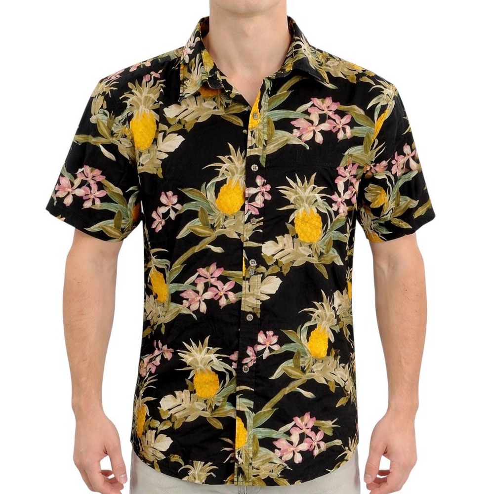 Cooke Street Hawaiian Shrirt XL Floral Pineapples Tropical Flowers Black Yellow